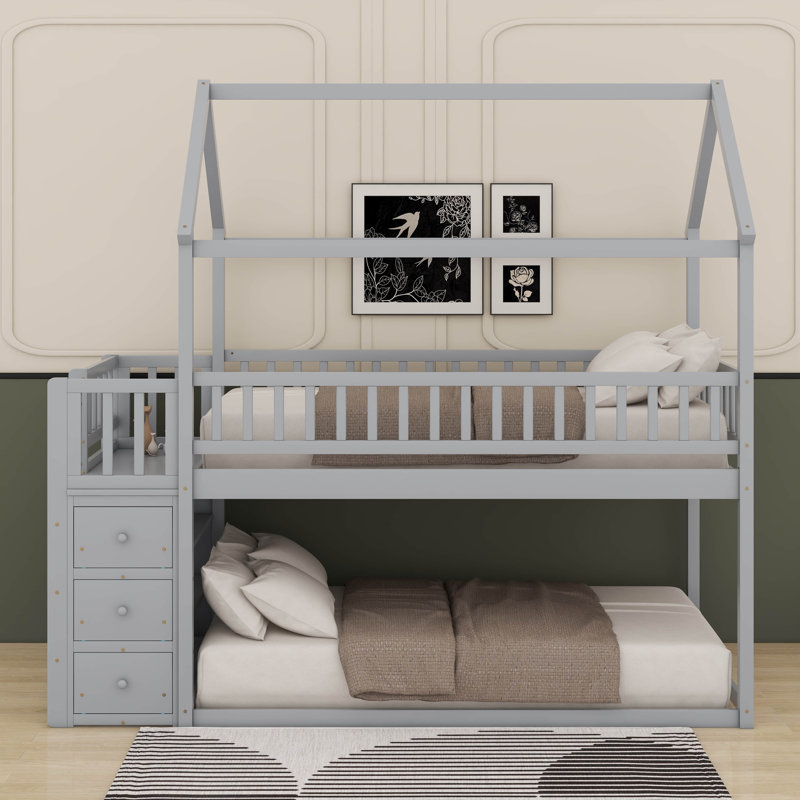 Twin/Twin House Bunk Bed With Shelves And Drawers, Gray