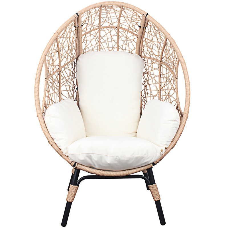 Chaise de patio en osier PE avec coussin en rotin, modèle 3, Blanc, Naturel