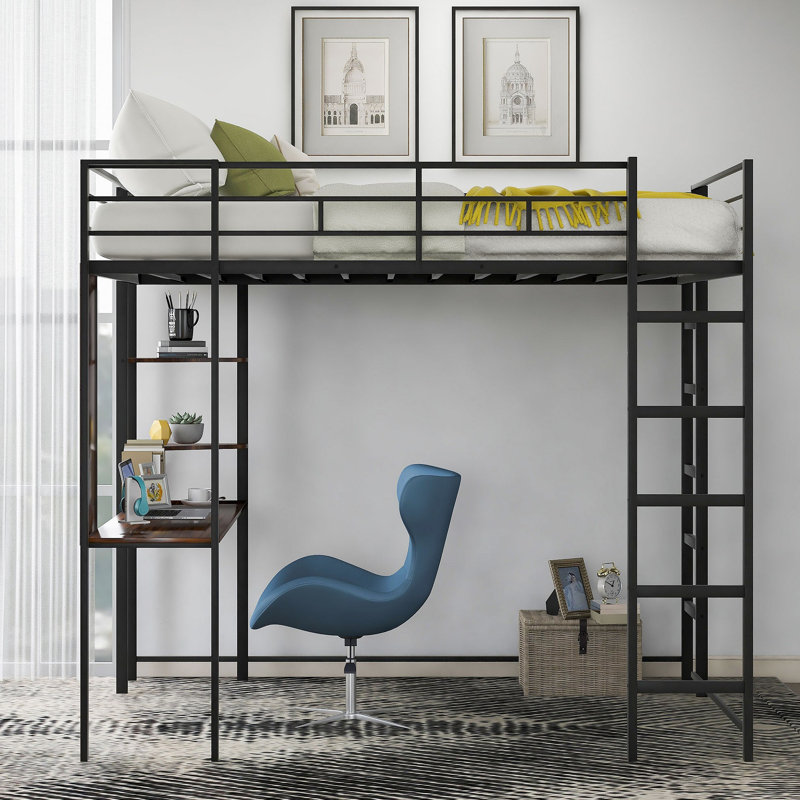 Lit mezzanine en métal avec 2 tablettes et un bureau