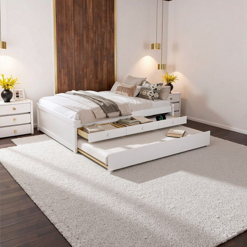 Lit plateforme double avec lit gigogne et 2 tiroirs - Lit en bois massif blanc avec multiprise intégrée, Blanc