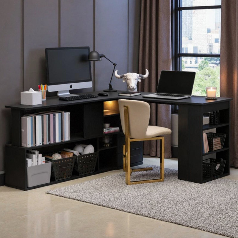 SmartRotate 360° L-Shaped Corner Desk | Spacious Black Workstation, Black
