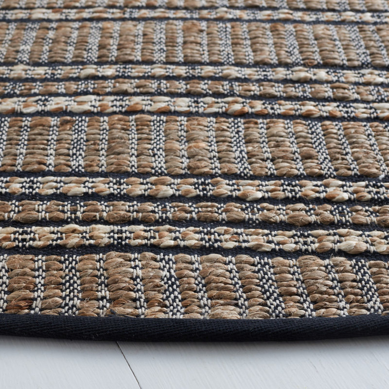 Giannopoulos Striped Flatweave Black/Natural Beige Area Rug, Round 7'