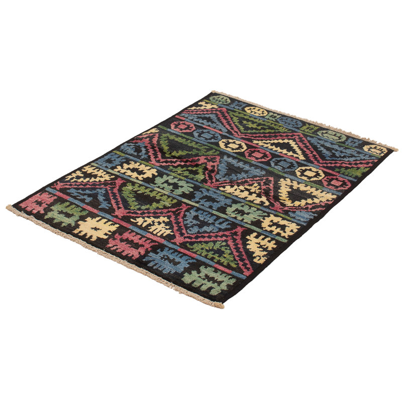 Tapis de bois one-of-kind-noué la 2010 shalimar noir/bleu/rose 4 pi 2 po x 5 pi en laine de 10 po Céline