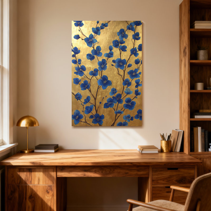 Plantes et fleurs fleurs bleues sur fond doré, H 48 po x l 32 po