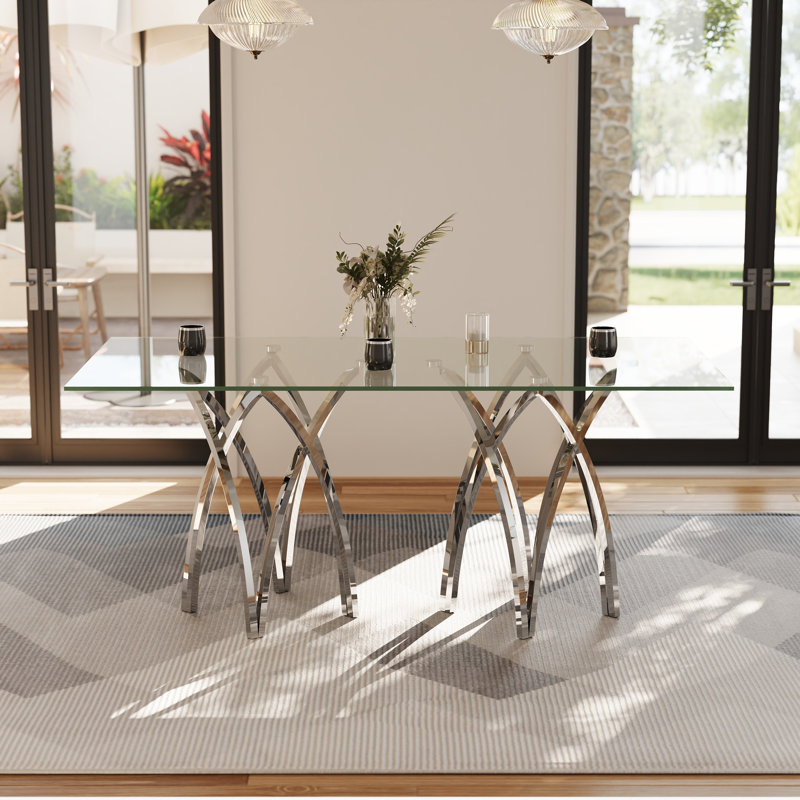 Table de salle à manger en verre avec base miroir argentée, H 30 po x L 70 po x l 35 po