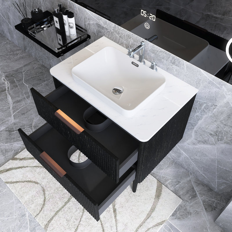 Meuble-lavabo autoportant 30 po à rayures moderne pré-assemblé avec lavabo en céramique