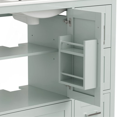 Meuble-lavabo menthe 107 cm avec lavabo en céramique – Meuble autoportant avec 4 tiroirs (dont 2 supérieurs avec séparateurs), portes à fermeture amortie avec étagères intérieures, porte-serviettes latéral réversible, poignées, MDF