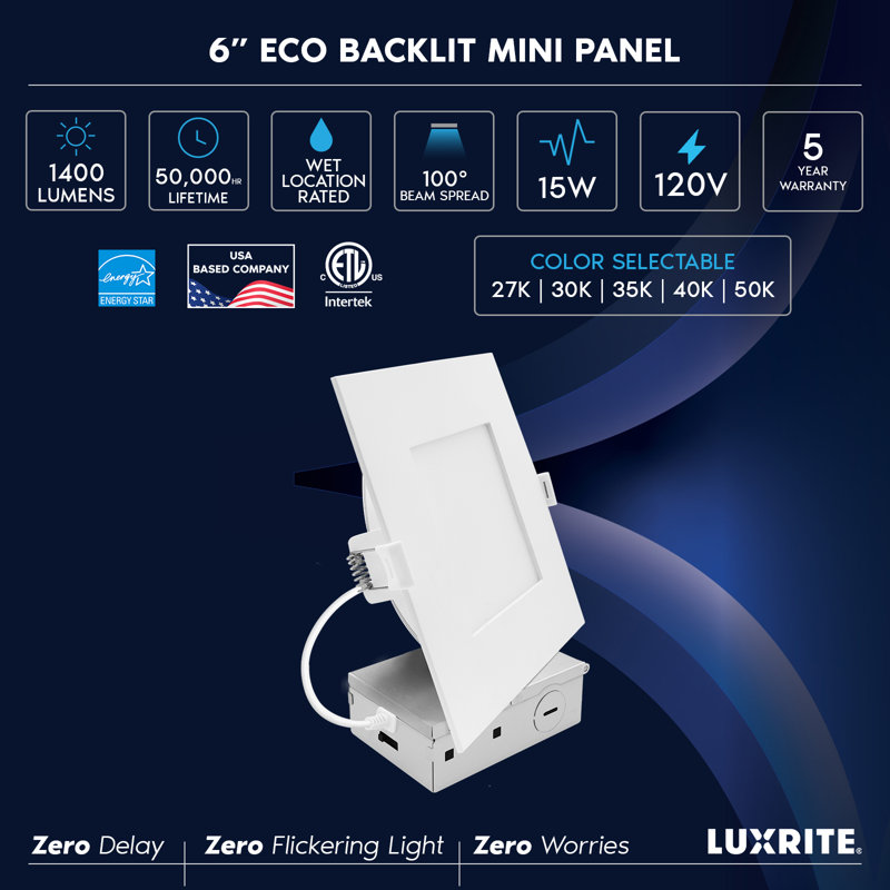 Luminaire carré à DEL luxueux encastré 6 pouces LUXRITE, mini luminaire rétroéclairé ECO, 5CCT 2700K-5000K, 1400LM, 15W, 100 °, intensité variable triac 10% à 100% ETL