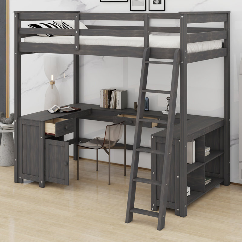 Lit mezzanine avec bureau en U, tiroirs et tablettes de rangement, Brun