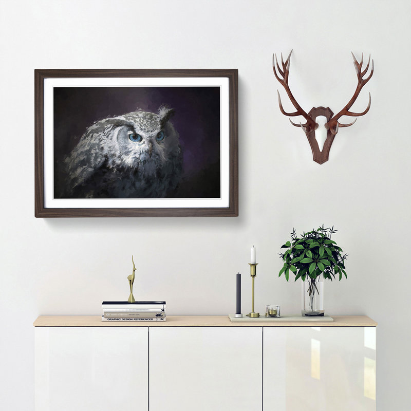 Blue Eyed Eurasian Eagle Owl in Abstract - Picture Frame Painting Print, 62cm H x 87cm W x 2cm D, Walnut Framed