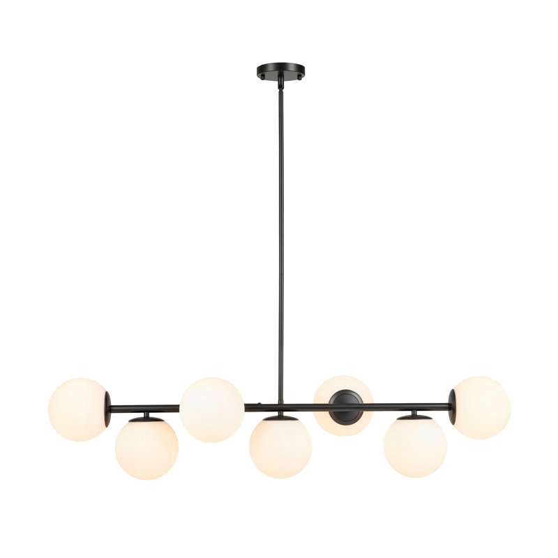 7-Light Glass Globe Modern Black Linear Chandelier for Dining Room, Black