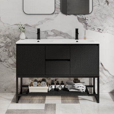 Azai 48" Double Sink Bathroom Vanity with Resin Top, Faucet, Open Shelf, Metal Frame