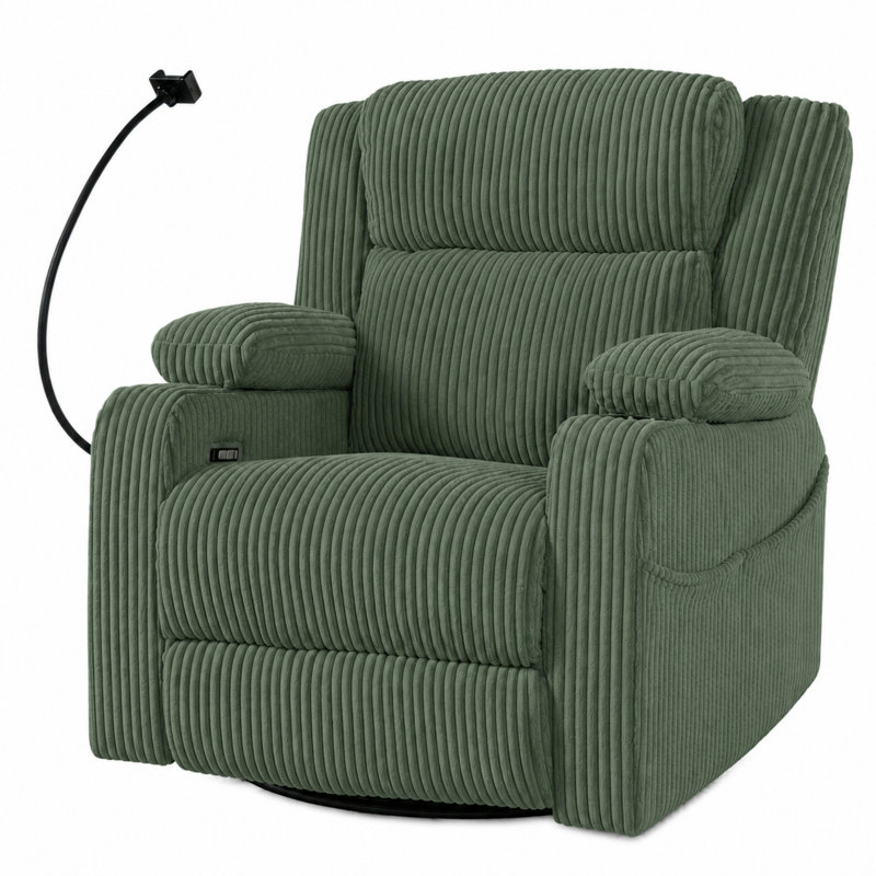 37'' W Upholstered Power Recliner With Massage And Heating, Green Corduroy