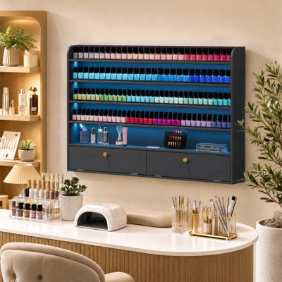 Wall-Mounted 5-Tier Nail Polish Rack with LED Light Strip, Flip-down Doors, Acrylic Baffles, Modern Nail Polish Organizer