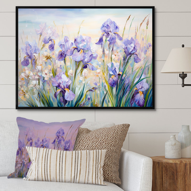 Mauve iris, charme champêtre - fleurs, art mural, Cadre flottant noir, H 34 po x l 44 po x P 1,5 po