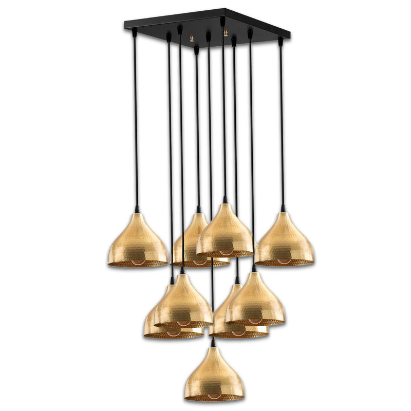 Luminaire suspendu industriel en métal à hauteur réglable 9 lumières, Doré