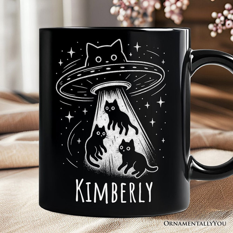 Tasse d'enlèvement de chat Alien, cadeau cosmique amusant de chats de l'espace UFO avec nom personnalisé