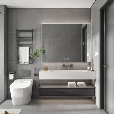  Armoire à pharmacie lumineuse 35 pouces, miroir de salle de bain en aluminium avec désembueur et rangement pour cosmétiques, gris