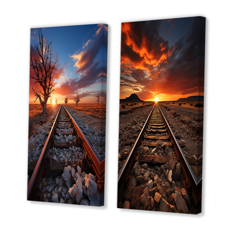Chemin de fer au coucher du soleil - train, ensemble de 2 décorations murales, H 40 po x l 41 po, Toile tendue