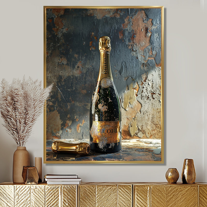 Décoration murale rétro «Glam Champagne» - vin et champagne, Toile avec cadre flottant or, H 40 po x l 30 po x P 1,5 po