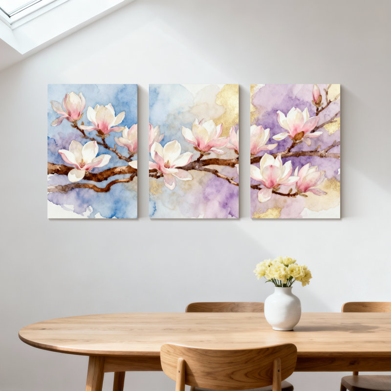 «Magnolia Magnolia Flowers on Branch», ensemble de 3 impressions sur toile, H 30 po x l 60 po