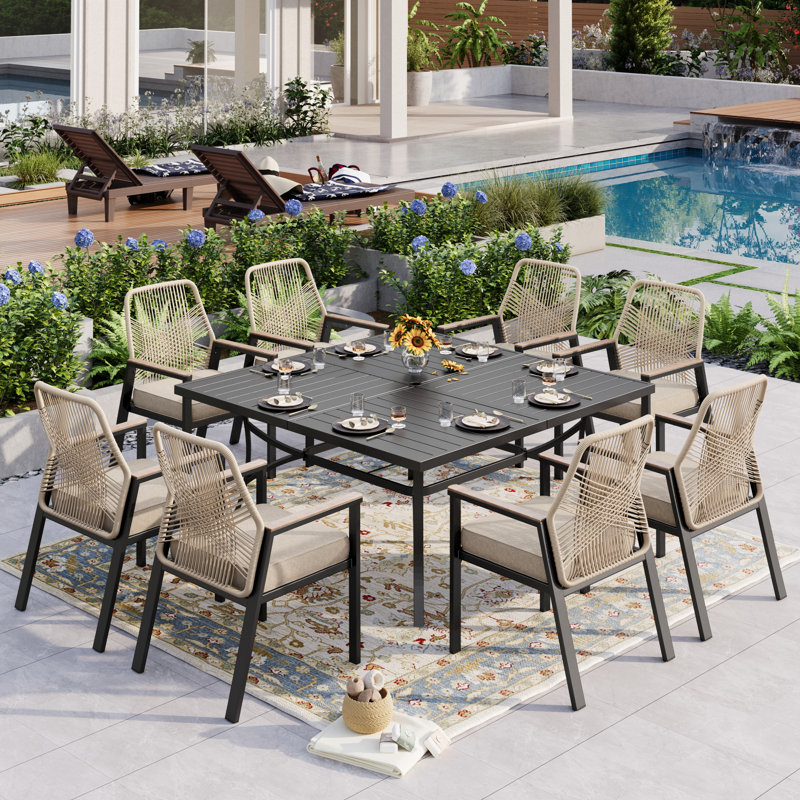 Dayshanay 8-Person Square Rattan Patio Dining Set, Black