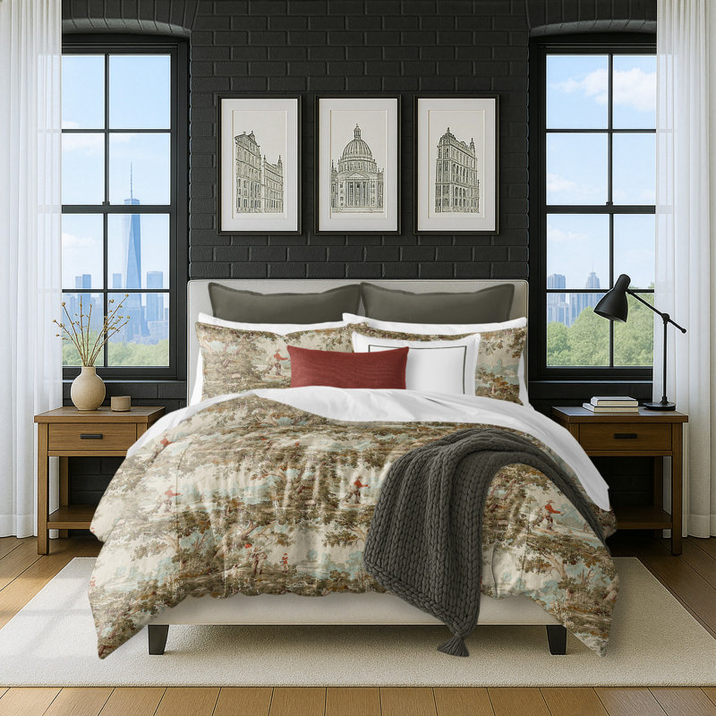 Greenwood Ivory/Red Linen Duvet Cover Set, Queen Duvet + 2 Queen Shams