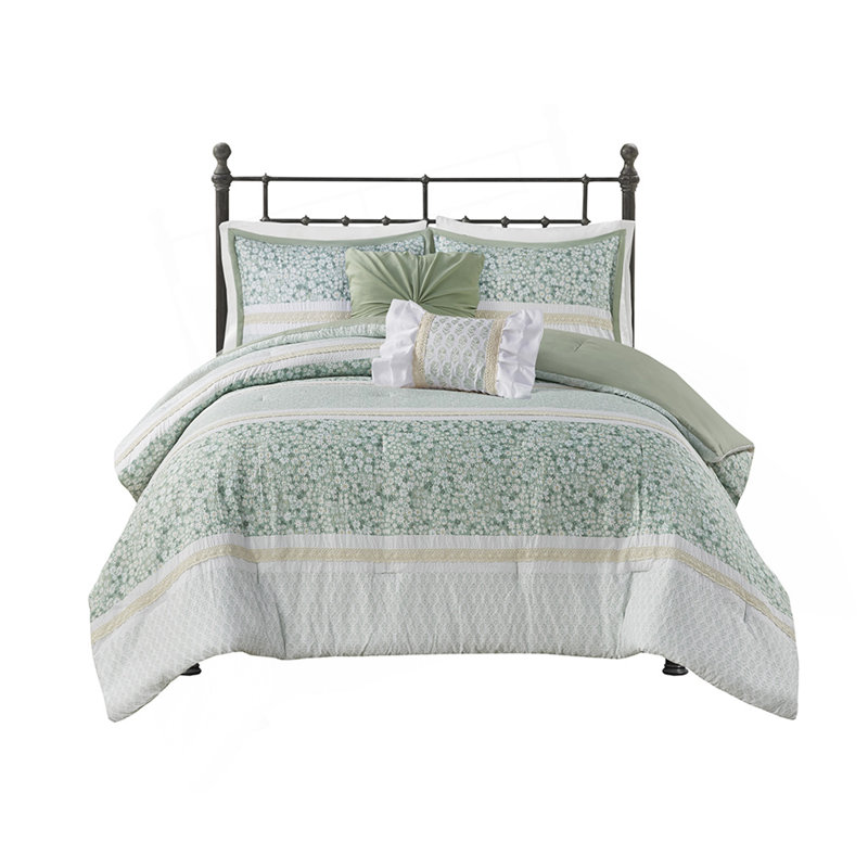 Ensemble d'édredon 5 pièces pour lit double / grand avec coussins décoratifs, Motif floral vert