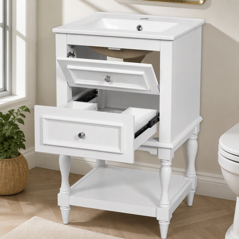 Meuble-lavabo de 20 po avec lavabo en céramique, armoire de rangement avec tablette ouverte, armoire de salle de bain rétro avec 2 tiroirs