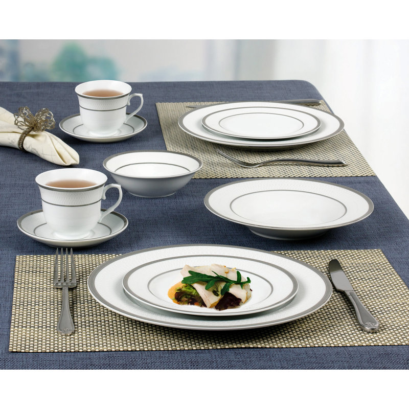 57 Piece White Porcelain Dinnerware Set with Silver Trim