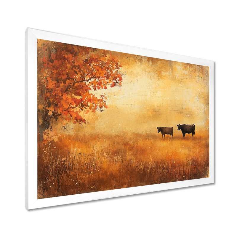 Vaches dans les champs d'automne II - campagne, art mural, H 12 po x l 20 po, Avec cadre, Blanc