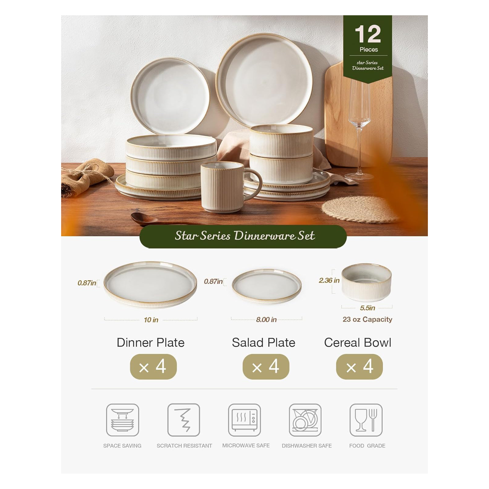 Stoneware Dinnerware Set, Service for 4, Cappuccino White