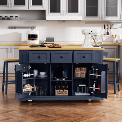 Îlot de cuisine de 135 cm (53 pouces) avec 2 tabourets de bar, prise électrique, tablette de rangement intérieure de porte, chariot de rangement de cuisine sur 5 roues avec abattant, 5 étagères latérales ouvertes, 3 tiroirs, bleu marine (trois colis)