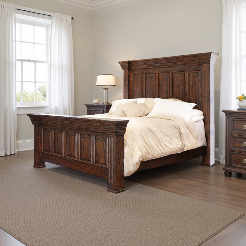 Siya Bed, Rustic Farmhouse Solid Pine Wood, Distressed Gray, Queen