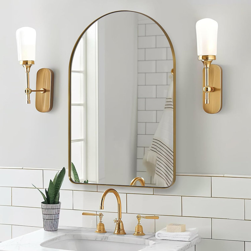 Hafsa Antique Arched Bathroom Vanity Mirror | Stainless Steel Frame, 30" x 20", Brushed Gold
