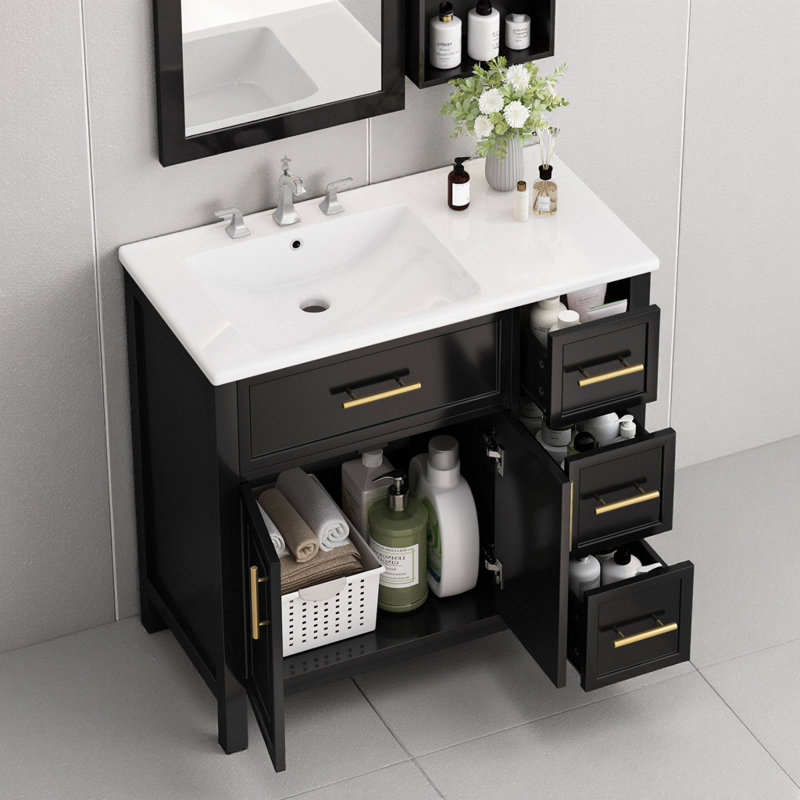 Meuble-lavabo noir 36 po avec comptoir d'évier, armoire en bois massif, 2 portes et 3 tiroirs, Noir