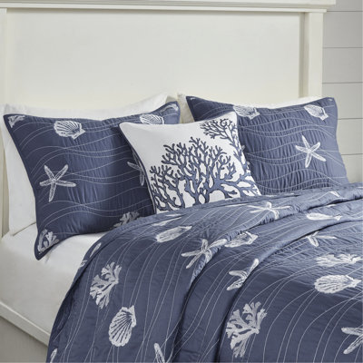 Navy King/ King Quilt . Cotton. Embroidered Starfish & . Filling. Machine Washable. . Pillow Included 4 Piece Cotton Navy. King. And Decorative