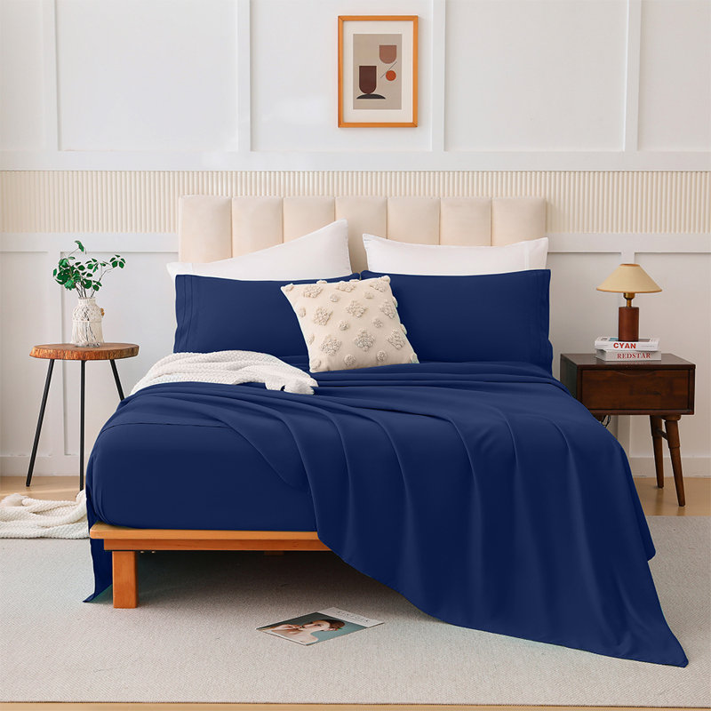 Ensemble de draps 4 pièces de couleur unie avec fibres ultra-fines convenant aux chambres familiales, Bleu marine