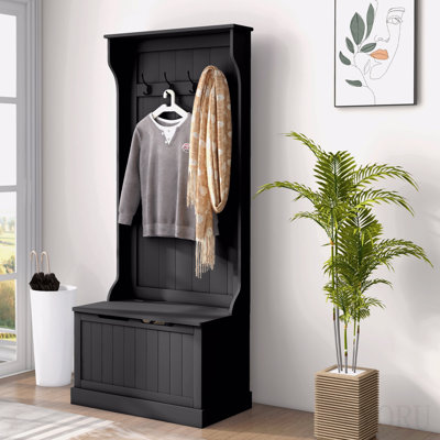 Arbre d'entrée 28 po 3-en-1 avec banc de rangement, portemanteau avec quatre crochets et rangement pour chaussures, noir