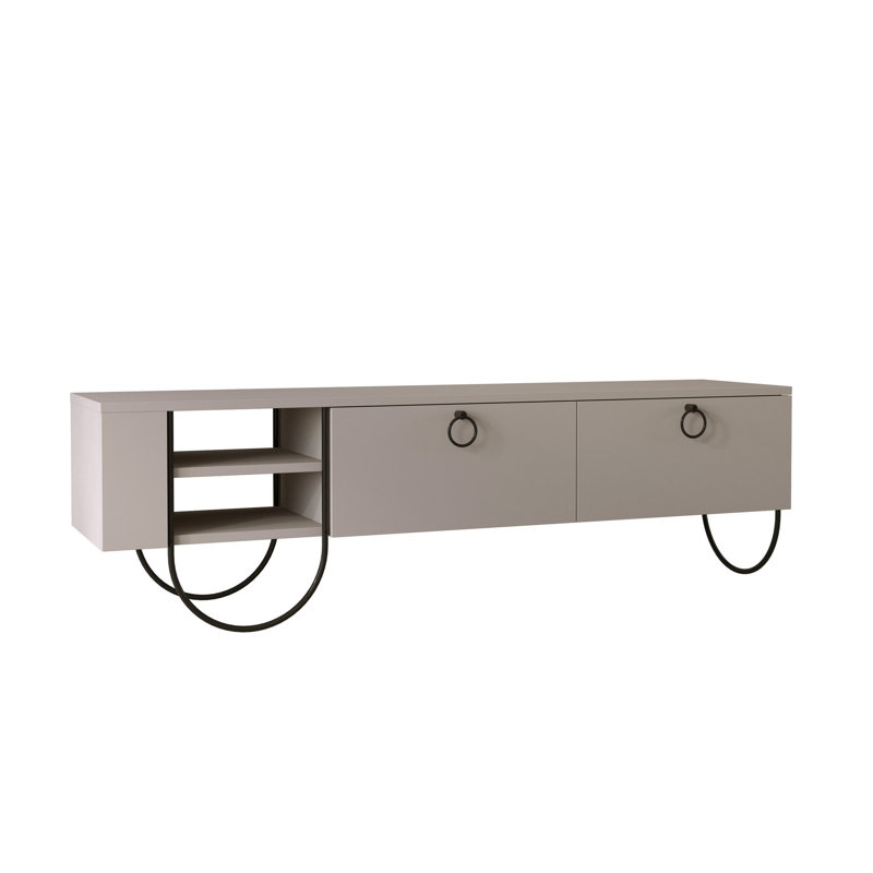 Modern TV Stand with Metal Legs, Light Mocha, 59.1 x 17.3 x 14.2 inches | 100% Melamine Coated Particle Board, Thickness: 0.7 inches | Soft-Close Hinges, Wall-Mountable, Multiple Shelves for Stylish Organization