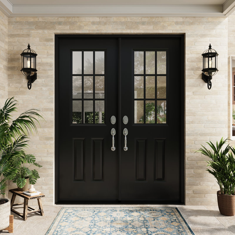 Entry Front Exterior Steel Door 60" x 80"(2 * 30" x 80") Painted Black 9-Lite Clear Glass French Door With Jamb,Classic Design & Modern Style & Long-Lasting Use, Right-Hand Inswing (Not Included Hardware Kit)