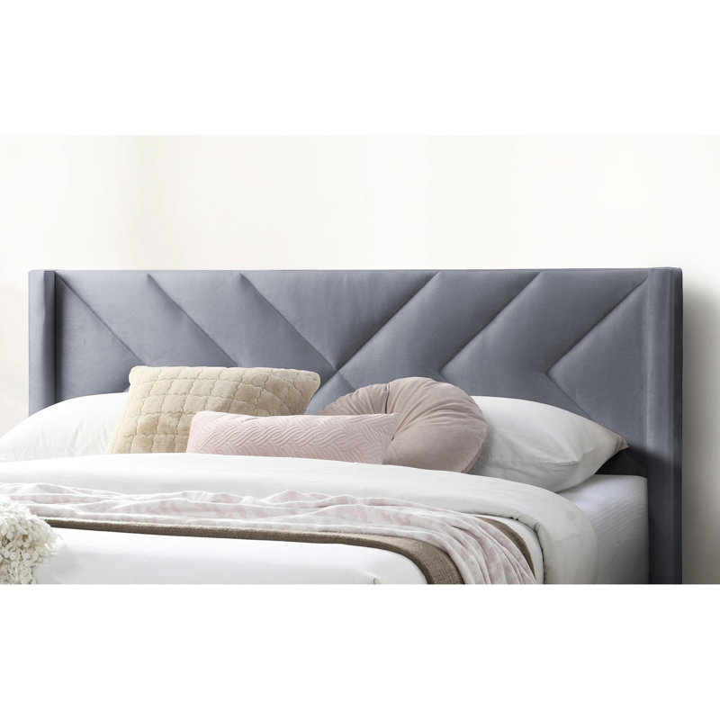 Élégant grand lit avec revêtement en velours, tête de lit à lignes modernes, sommier tapissier non inclus, lattes en bois stables au design épuré