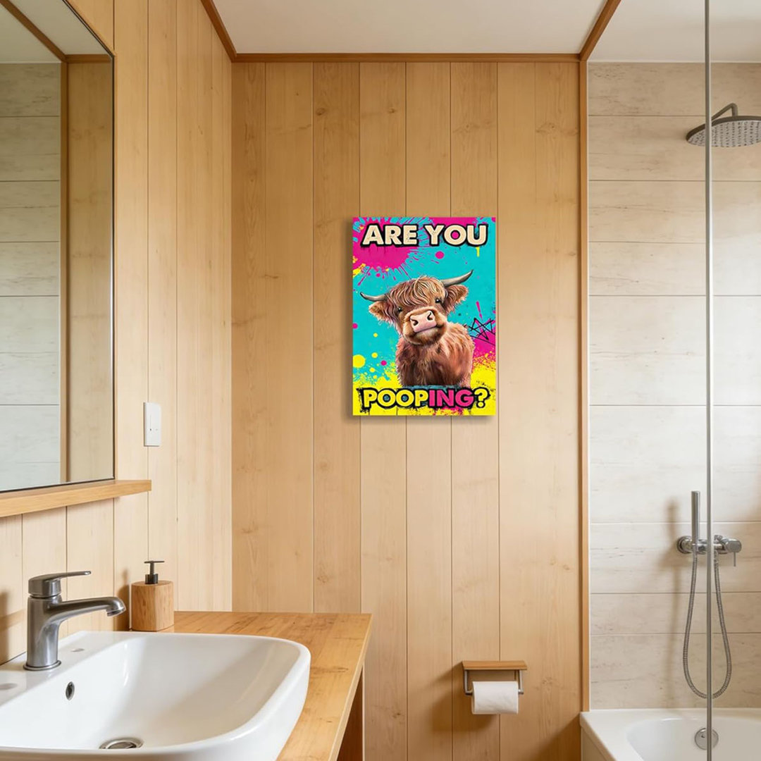 Funny Highland Cow Bathroom Canvas Wall Art Prints, Are You Pooping Sign, Colorful Pop Art Toilet Poster for Washroom, Graffiti Humorous Restroom Wall