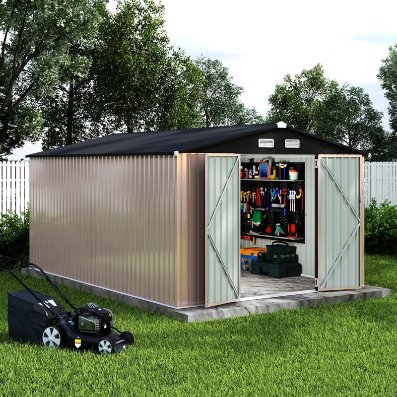 10x14 Ft Durable Steel Outdoor Storage Shed with Lockable Security Door, Ventilation Vents and Easy Assembly for Backyard and Patio