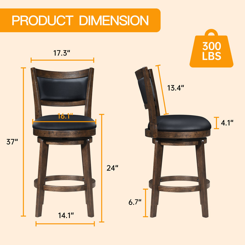 Swivel Stools Set Of 2, Black Faux Leather Upholstered Seat & Solid Wood Footrest, Stool For Kitchen Island & Pub