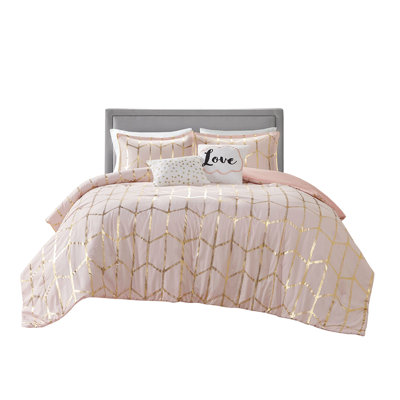 Soft Blush Comforter With Metallic Geometric Accents And Square Pillow King Size Shams