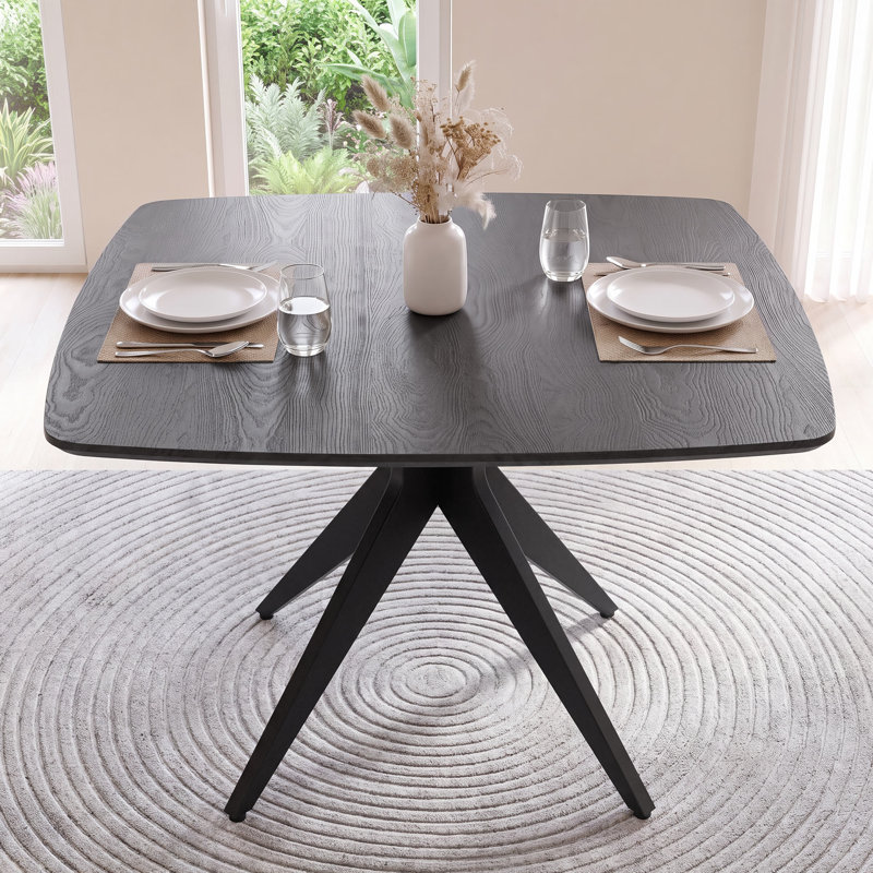 45.3" Wide Square Solid Wood Dinging Table with Metal Legs, Black, Solid Wood