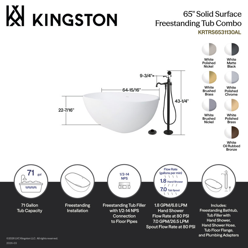 Kingston Brass Arcticstone 65-Inch Solid Surface Oval Double Ended Freestanding Tub With Faucet Combo And Drain