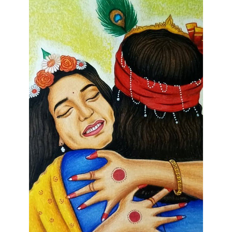 Un câlin émouvant - Radhey Krishna | Art au crayon de couleur par Sunil Kumar