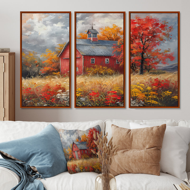 Autumn Red Barn Breeze I - Ensemble d'art mural de grange, Cadre flottant brun, 32" H x 48" W